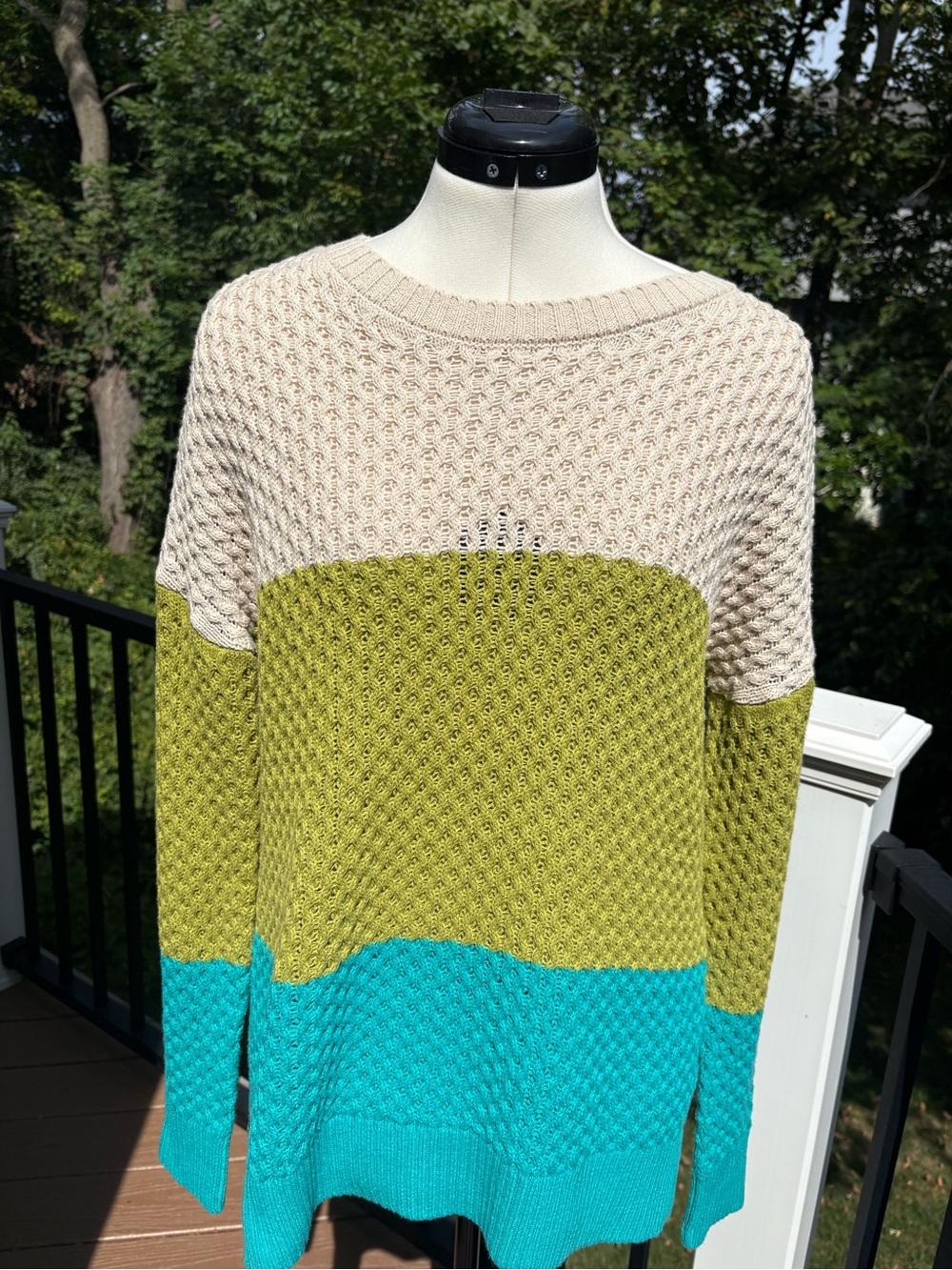 Colorblock Textured Knit Sweater - Cream, Olive Green & Teal nwot